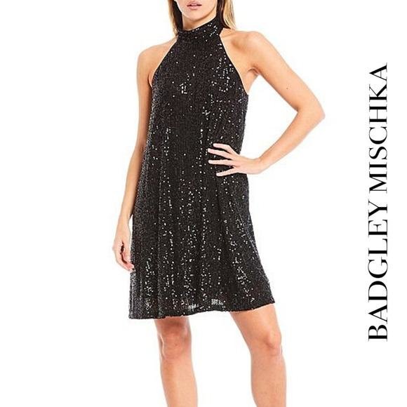 Belle Badgley Mischka NWT Tara Halter Neck Black Sequin Mini Shift Dress Size 0 - Picture 1 of 12